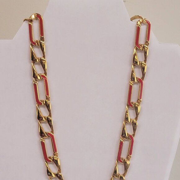 Monet Goldtone and Red Enamel Chain Necklace - Picture 3 of 8